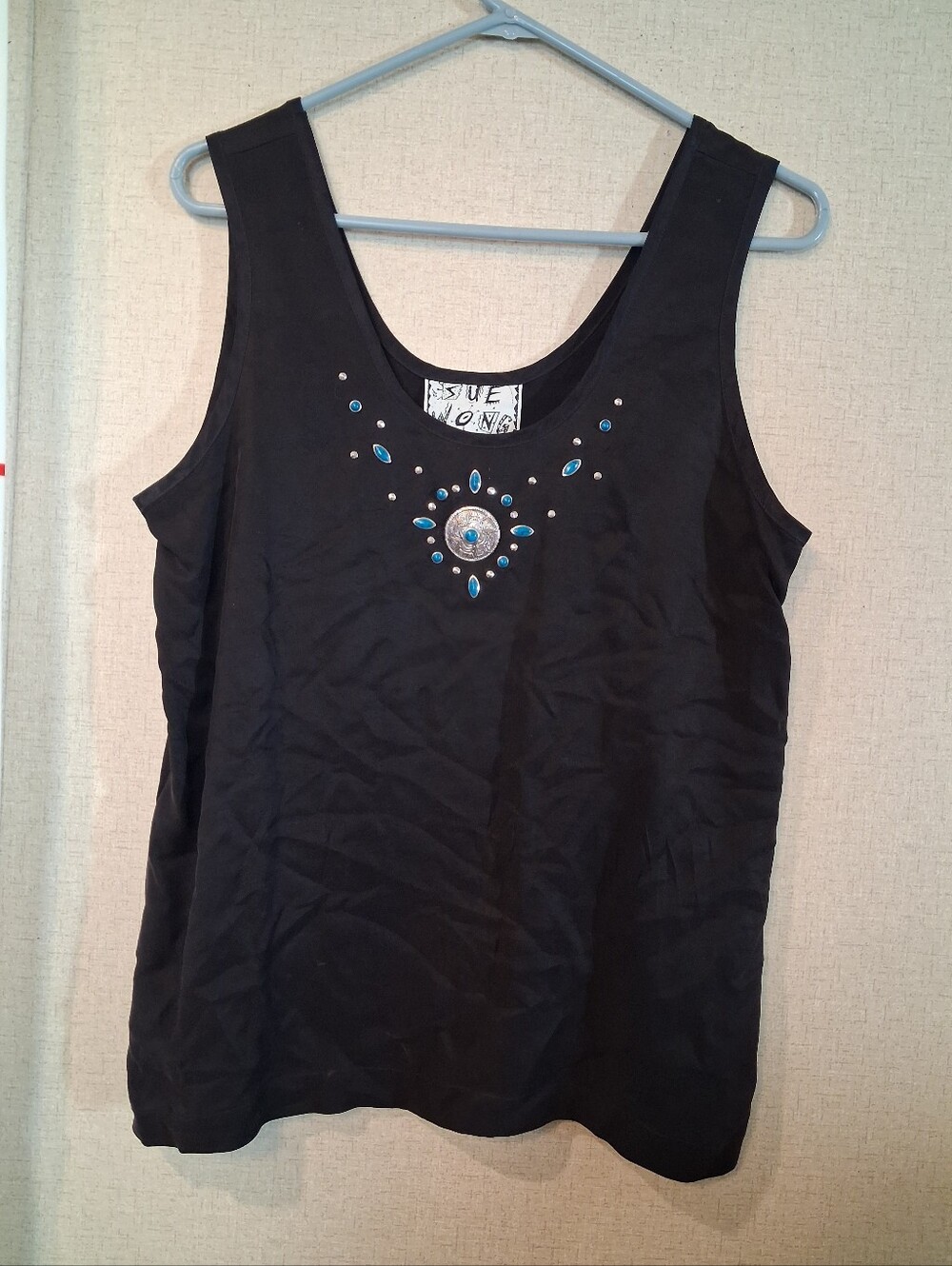 Sue Wong Black Tank Top with Turquoise and Silver Accents Sz P